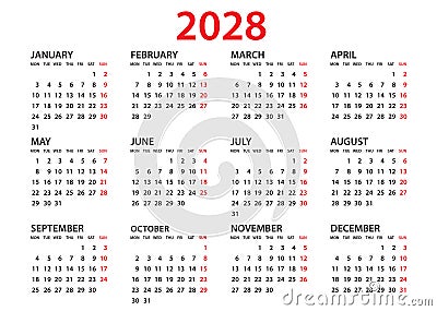 Calendar 2028 template, Planner 2028 year, Wall calendar 2028 template, Week Starts Monday, Set of 12 calendar, advertisement Vector Illustration