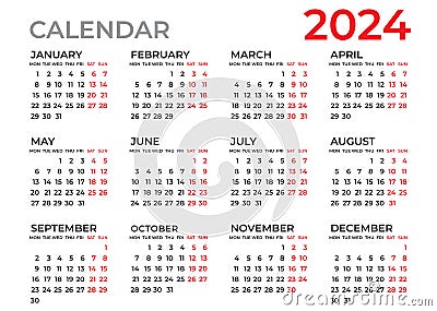Calendar 2024 template, Planner 2024 year, Wall calendar 2024 template, Week Starts Monday, Set of 12 calendar, advertisement, Vector Illustration