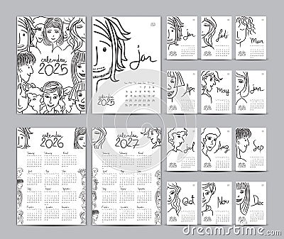 Calendar 2025 template set and Calendar 2026-2027 year, Desk calendar 2025 design, Planner, Lettering, hand drawn cartoon hipster Vector Illustration