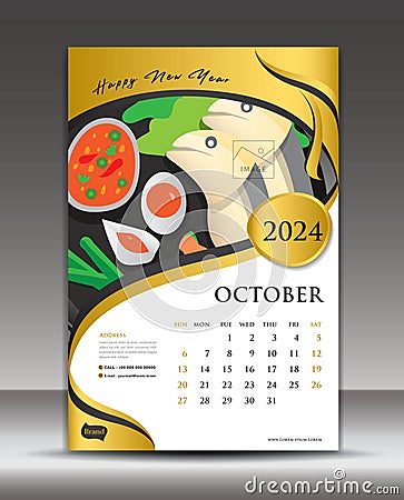 Calendar 2024 template thai food concept vector, October template, Desk Calendar 2024 vector design, Wall calendar 2024 year, Vector Illustration