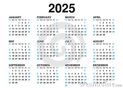 Calendar 2025 template vector, simple minimal design, Planner 2025 year, Wall calendar 2025 year Vector Illustration