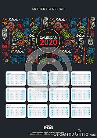 Calendar template for 2020 year with African motive. Doodle elements. Vector Illustration
