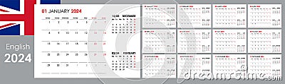 Calendar template 2024. Yearly planner organizer, starts monday, english Vector Illustration