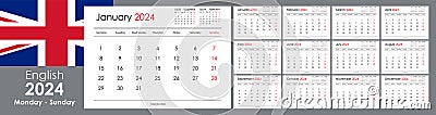 Calendar template 2024. Yearly planner organizer, starts monday, english Vector Illustration