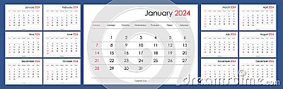 Calendar template 2024. Yearly planner organizer, starts monday, english Vector Illustration