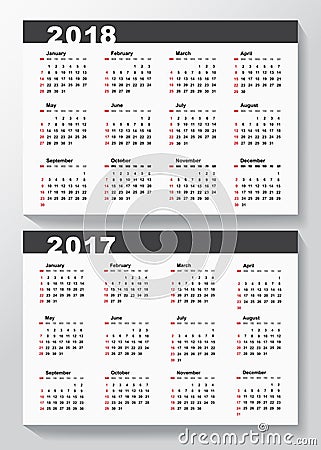 Calendar Template for 2017 and 2018 years. Stock Photo