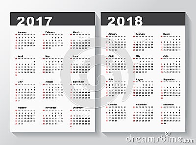 Calendar Template for 2017 and 2018 years. Stock Photo