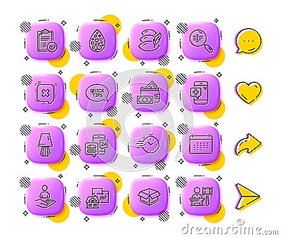Calendar, Timer and Search text line icons. For web app, printing. App 3d buttons icons. Vector Stock Photo