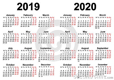 Calendar for 2019 and 2020 Vector Illustration