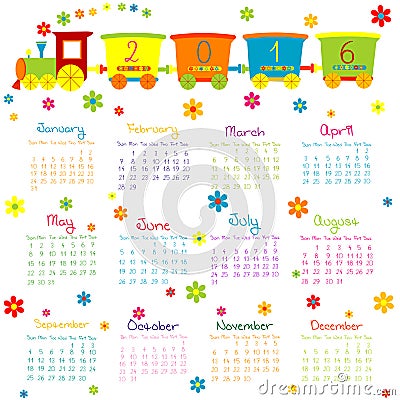 2016 Calendar with toy train and flowers Vector Illustration