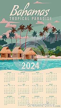 Calendar 2024 Travel wall poster Bahamas vintage Vector Illustration