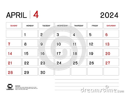 Calendar 2024 Vector- April 2024 year planner template, Desk Calendar 2024 Design, Week Start On Sunday, Planner, Stationery, Vector Illustration