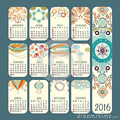 Calendar 2016 vector design. Week starts Sunday. Vector Illustration