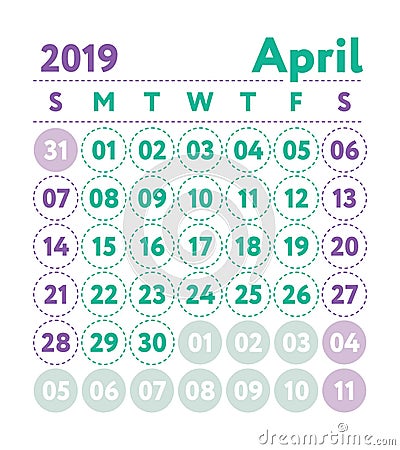 Calendar 2019. Vector English calender. April month. Week starts Stock Photo