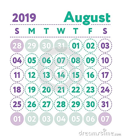 Calendar 2019. Vector English calender. August month. Week start Stock Photo