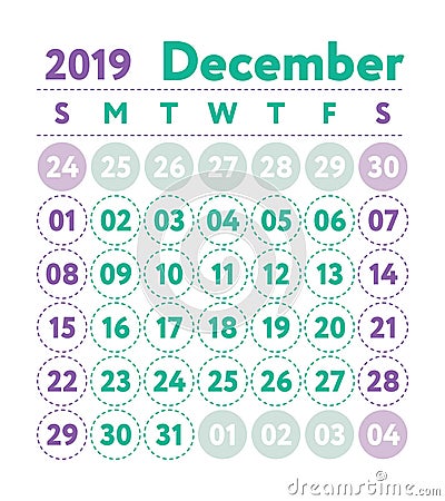 Calendar 2019. Vector English calender. December month. Week sta Stock Photo