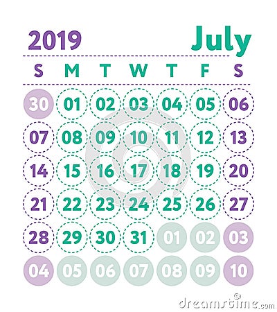 Calendar 2019. Vector English calender. July month. Week starts Stock Photo