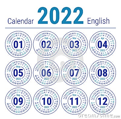 Calendar 2022. Vector English round calender. January, February, March, April, May, June, July, August, September, October, Vector Illustration