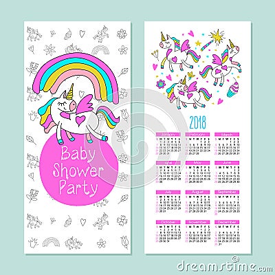 Calendar 2018. Vector illustration. Cartoon unicorn. Vector Illustration