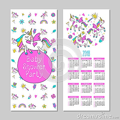 Calendar 2018. Vector illustration. Cartoon unicorn. Vector Illustration