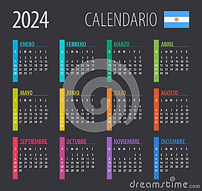 2024 Calendar - vector illustration. Template. Mock up. Argentinean version Vector Illustration