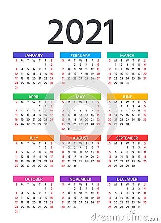 2021 Calendar. Vector illustration. Template year planner Vector Illustration