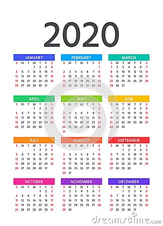 2020 Calendar. Vector illustration. Template year pocket planner Vector Illustration