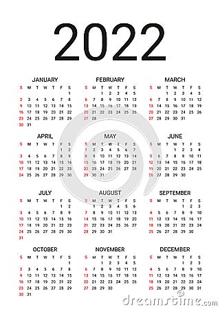 2022 Calendar. Vector illustration. Wall calender with 12 month Vector Illustration