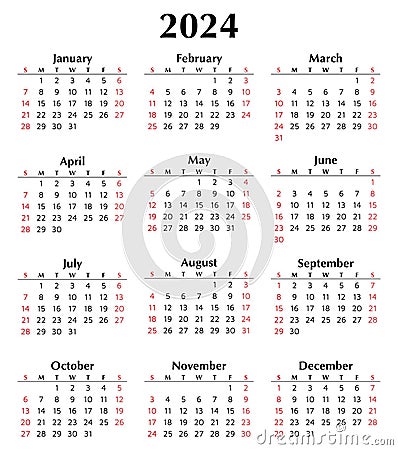 2024 Calendar Vector: Modern, editable, and printable monthly template in English Vector Illustration