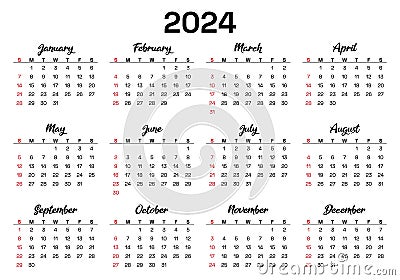 2024 Calendar Vector: Modern, editable, and printable monthly template for planning in English Vector Illustration