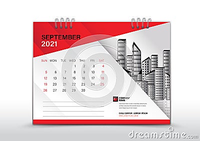 Calendar 2021 Vector, September 2021 Year Template, Desk Calendar Design, Week Start On Sunday, Stationery Vector Illustration