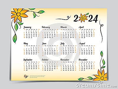 Calendar 2024 vector template yellow flowers design, Yearly calendar organizer for weeks, Week starts on sunday, Set of 12 months Vector Illustration