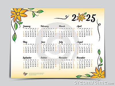 Calendar 2025 vector template yellow flowers design, Yearly calendar organizer for weeks, Week starts on sunday, Set of 12 months Vector Illustration