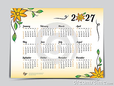 Calendar 2027 vector template yellow flowers design, Yearly calendar organizer for weeks, Week starts on sunday, Set of 12 months Vector Illustration