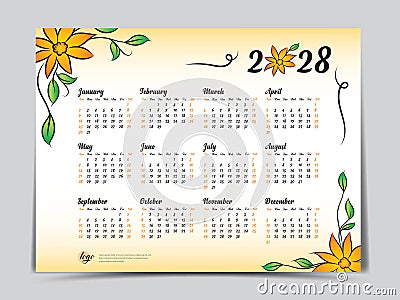 Calendar 2028 vector template yellow flowers design, Yearly calendar organizer for weeks, Week starts on sunday, Set of 12 months Vector Illustration