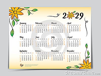 Calendar 2029 vector template yellow flowers design, Yearly calendar organizer for weeks, Week starts on sunday, Set of 12 months Vector Illustration