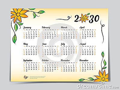 Calendar 2030 vector template yellow flowers design, Yearly calendar organizer for weeks, Week starts on sunday, Set of 12 months Vector Illustration