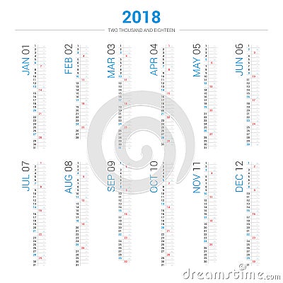 Calendar 2018 in vertical design. Sunday weekend. Vector Illustration