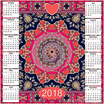 Calendar 2018. Vintage decorative elements. Oriental mandala pattern Vector Illustration