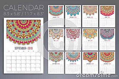 Calendar 2018. Vintage decorative elements. Oriental pattern, vector illustration. Vector Illustration