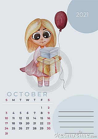 Calendar 2021 watercolor. October. Watercolor drawing - a cute girl with boxes of gifts and an air balloon in hands Stock Photo