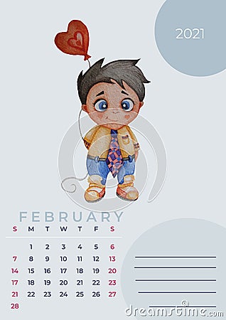 Calendar 2021 watercolor. Template for February 2021. Watercolor Hand drawing - cute boy with a balloon-heart. Space for Stock Photo