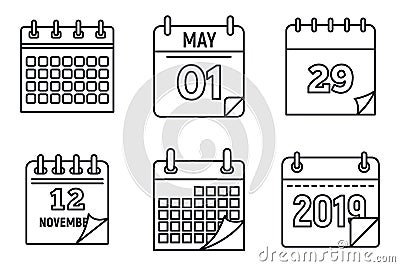 Calendar week icons set, outline style Vector Illustration