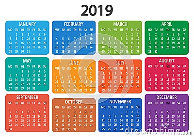 Calendar 2019. Week starts from Monday. Vector illustration Cartoon Illustration