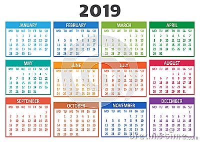 Calendar 2019. Week starts from Monday. Vector illustration Cartoon Illustration