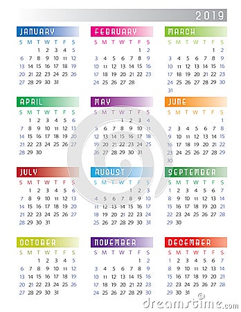 2019 Calendar Week Starts on Sunday Colorful Stock Photo