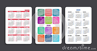 Calendar 2020. Week starts on Sunday. 3 different grids in portrait orientation. Vector Illustration