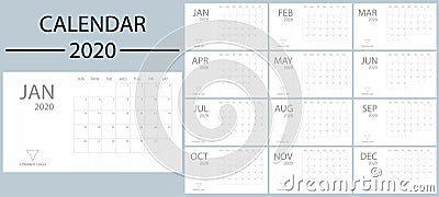 Calendar 2020 with week starts on Sunday. Minimal planner vector template date desk. Modern design office organizer. Schedule Vector Illustration