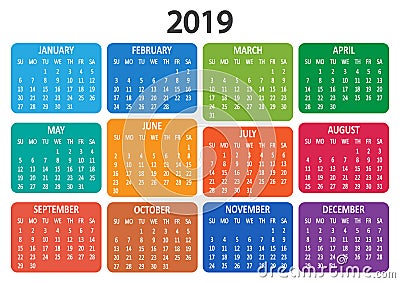 Calendar 2019. Week starts from Sunday. Vector illustration Cartoon Illustration