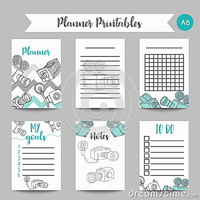 Calendar Daily and Weekly Planner Template. Note Paper and Stickers Set with hand drawn retro photo cameras, vector Vector Illustration